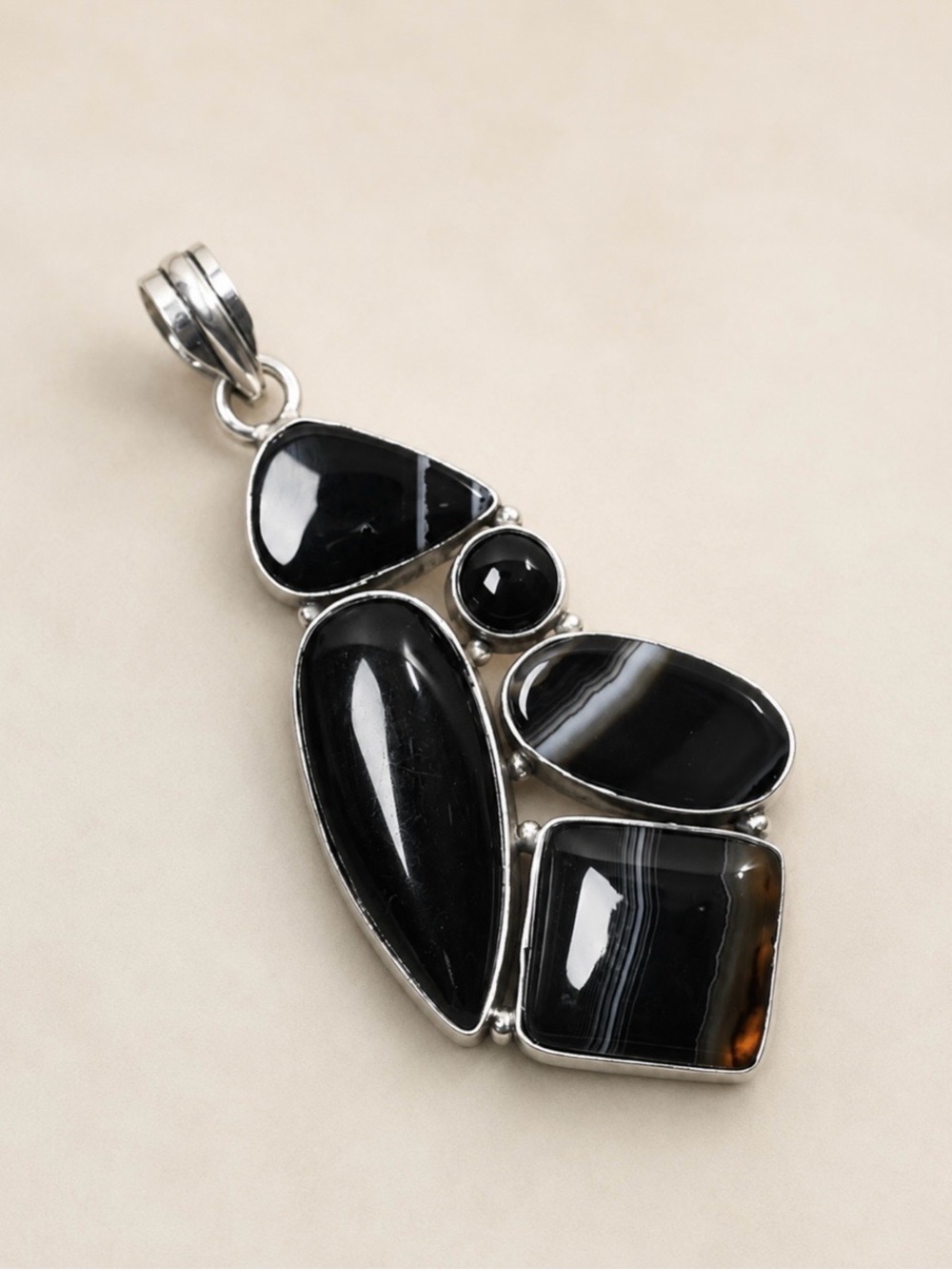Botswana Agate & Black Onyx 925 Silver Gemstone 2.8” Pendant